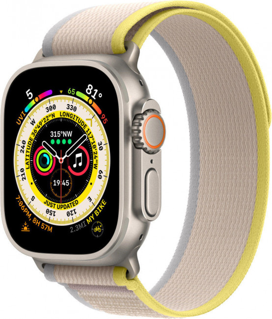 Смарт-часы Apple Watch Ultra LTE 49 мм (титановый корпус, титановый/желто-бежевый, нейлоновый ремешок размера M/L)