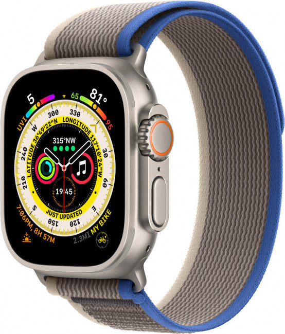 Смарт-часы Apple Watch Ultra LTE 49 мм (титановый корпус, титановый/сине-серый, нейлоновый ремешок размера S/M)