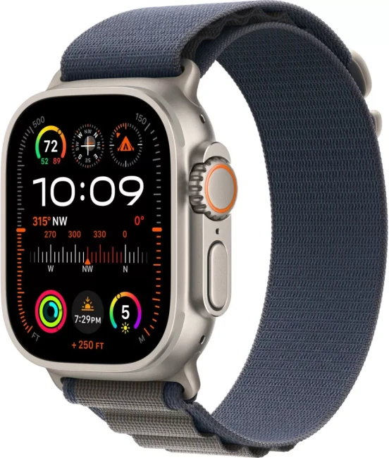 Умные часы Apple Watch Ultra 2 LTE 49 мм (титановый корпус, титановый/синий, текстильный ремешок размера L)