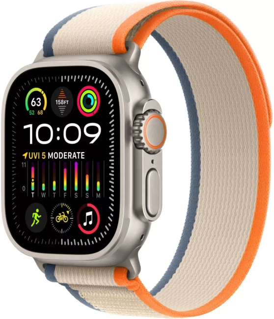 Умные часы Apple Watch Ultra 2 LTE 49 мм (титановый корпус, титановый/бежево-оранжевый, нейлоновый ремешок размера S/M)