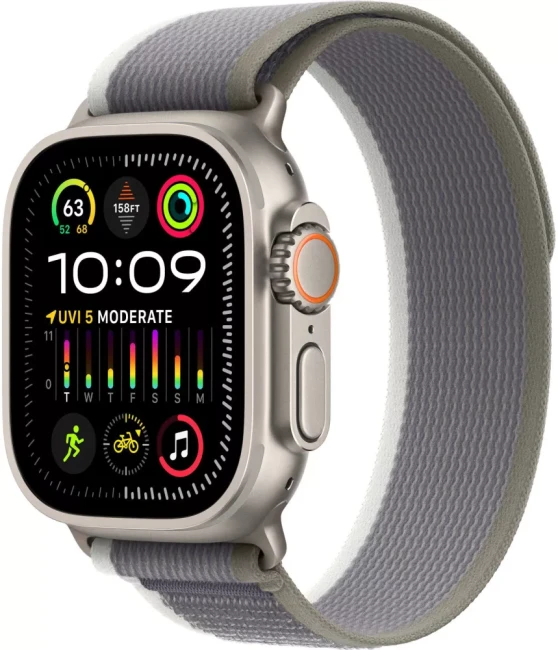 Умные часы Apple Watch Ultra 2 LTE 49 мм (титановый корпус, титановый/серо-зеленый, нейлоновый ремешок размера M/L)