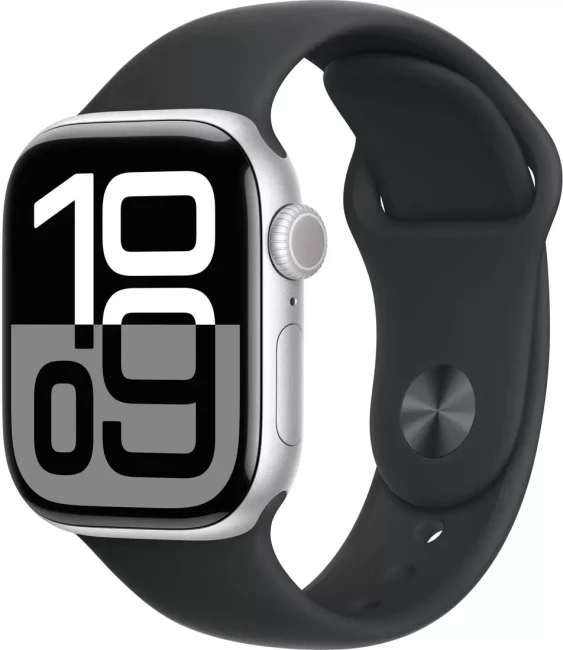 Умные часы Apple Watch Series 10 46 мм (алюминиевый корпус, серебристый/черный, спортивный силиконовый ремешок S/M)