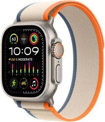 Умные часы Apple Watch Ultra 2 LTE 49 мм (титановый корпус, титановый/бежево-оранжевый, нейлоновый ремешок размера S/M) - фото